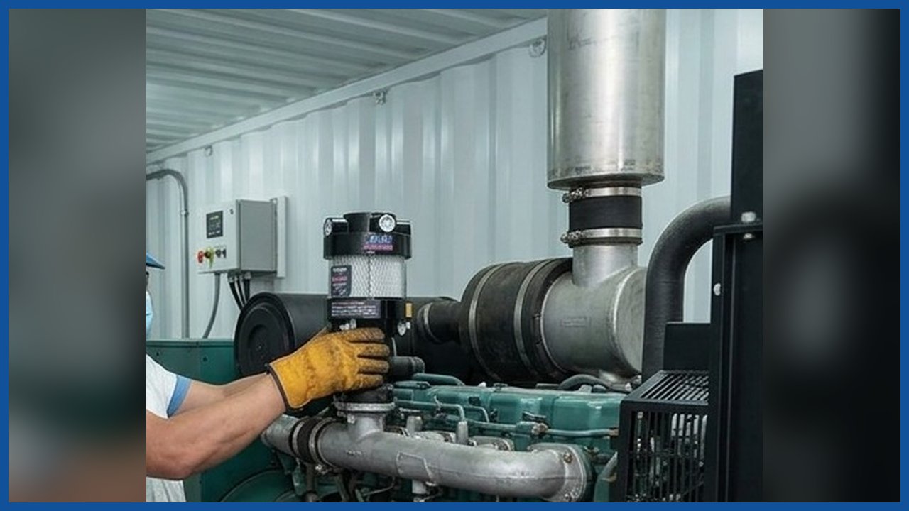 Técnico instalando el AirCleaner en el motor de un grupo electrógeno